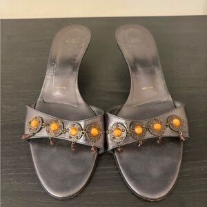 Vera Wang Brown Leather Slide Heels with Orange Gem Accents